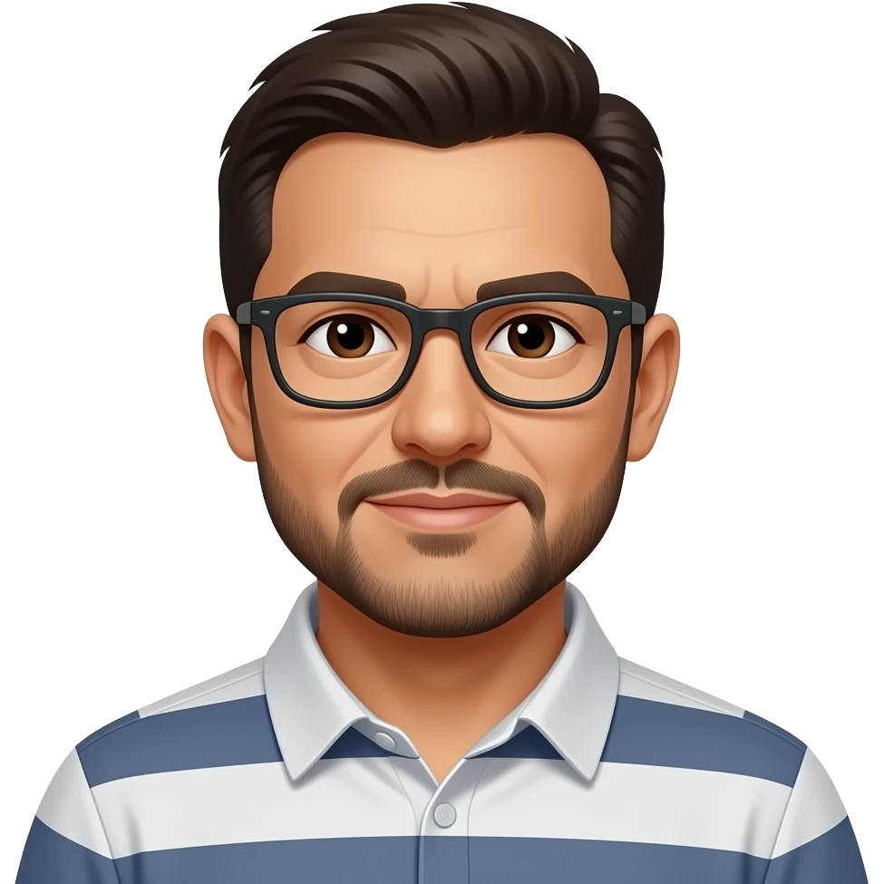 latino man 40s, very short dark brown hair, dark brown eyes, short beard and glasses emoji