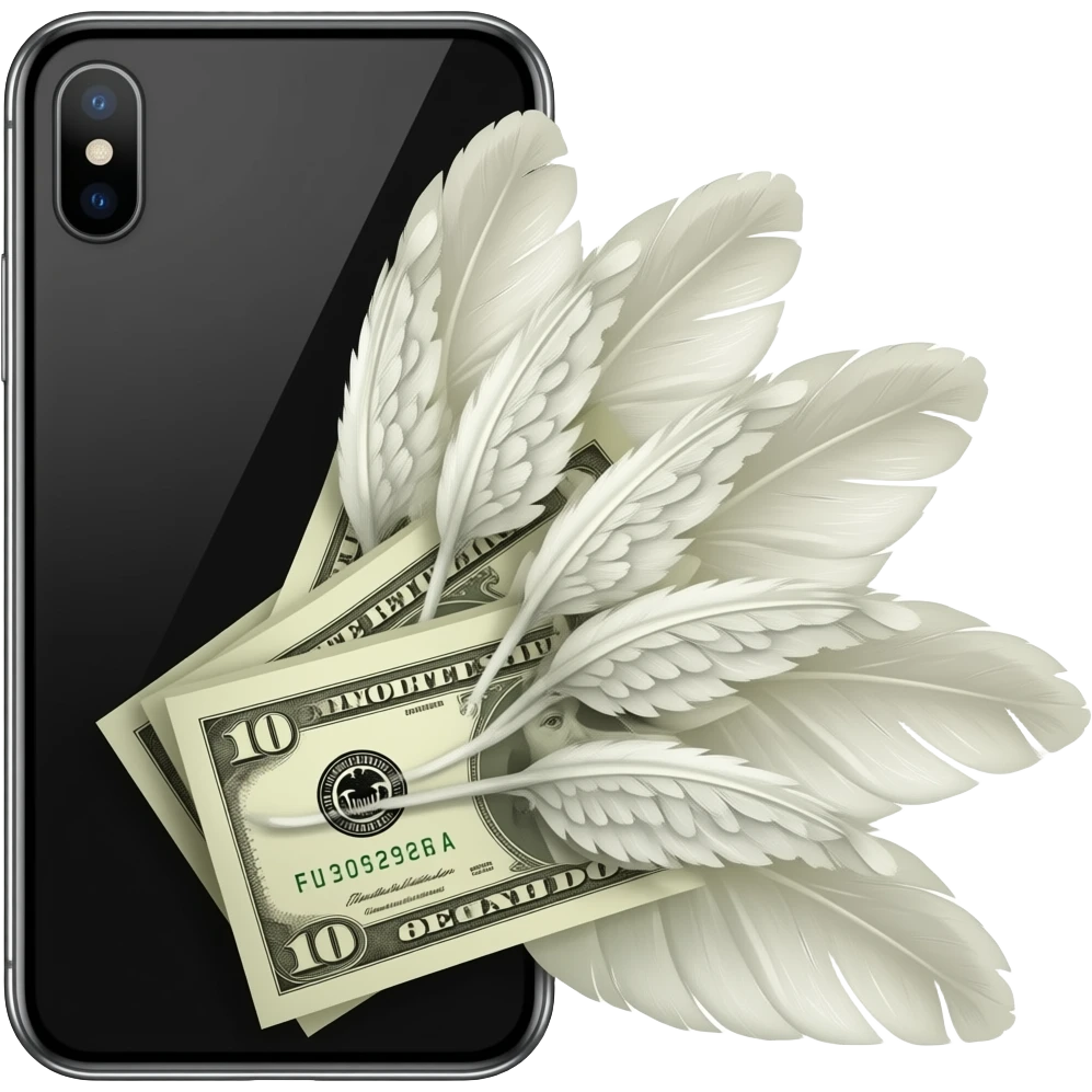 An iPhone sits next to four banknotes with wings emoji