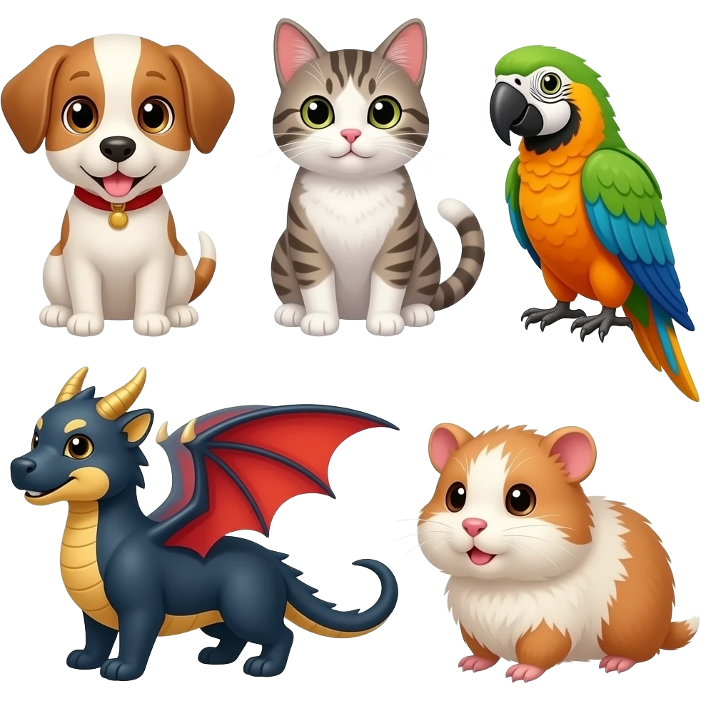 Puppy, cat, parrot, dragon, and guinea pig emoji