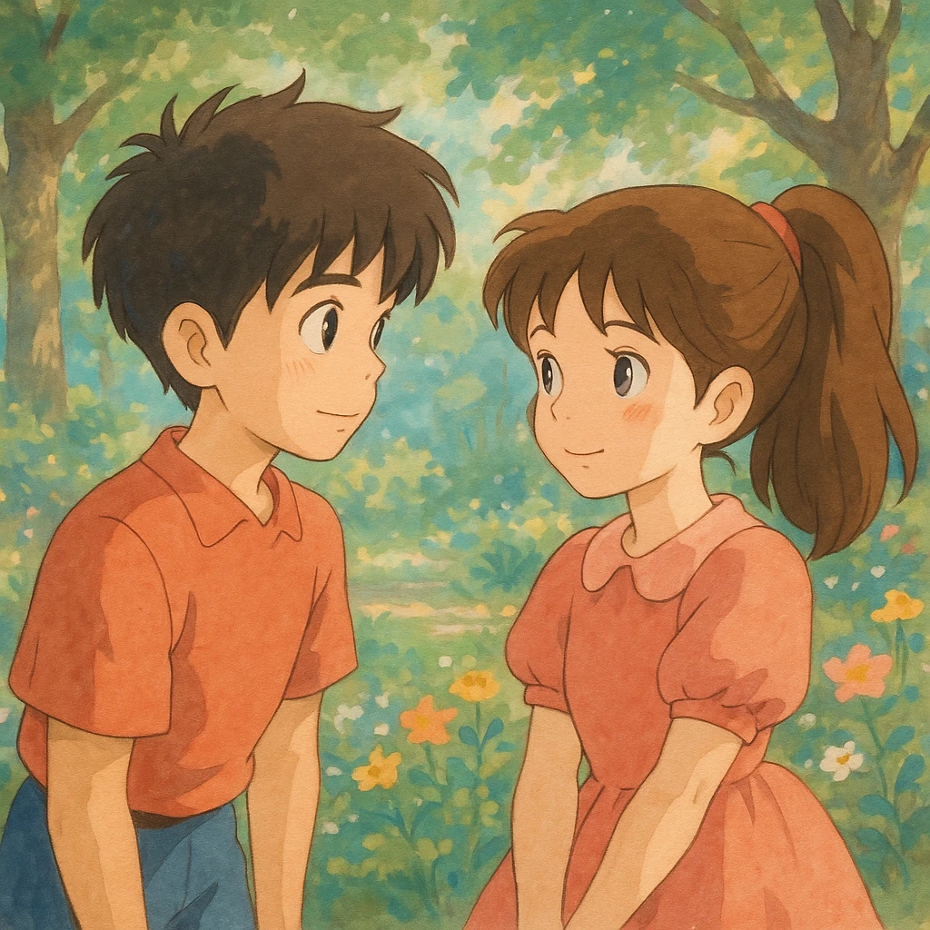 a boy looking at a girl, ghibli style emoji