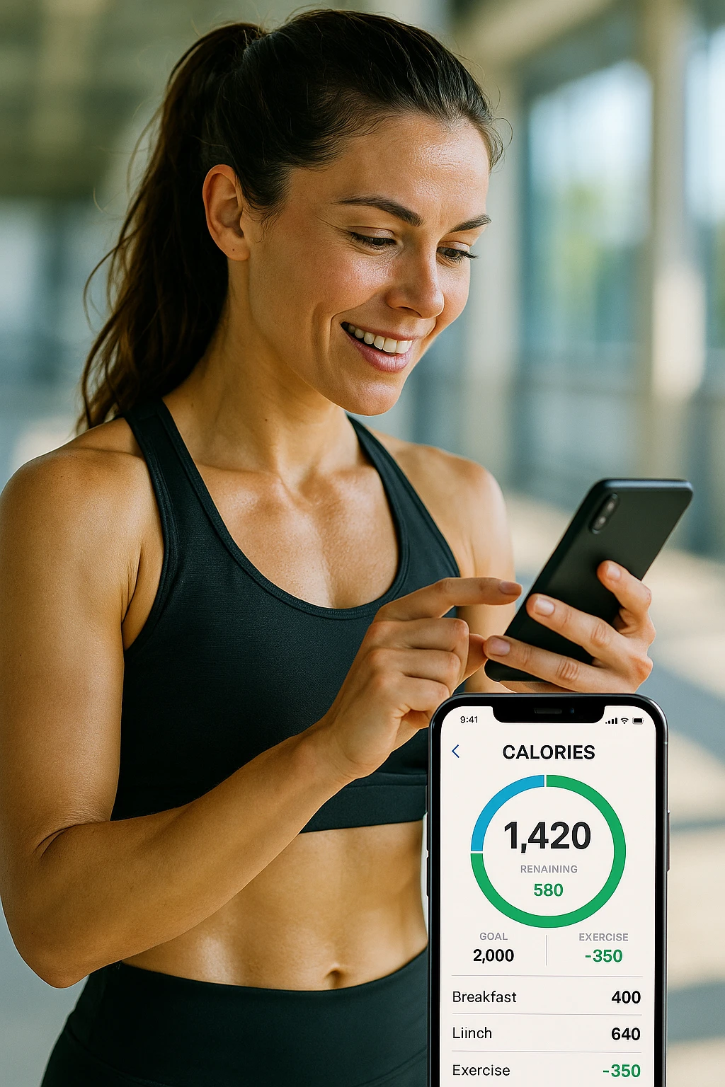 Donna sportiva che usa app contacalorie come myfitnesspal emoji