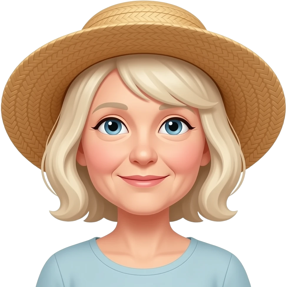 Grandma blond with straw hat and chin tilted up emoji