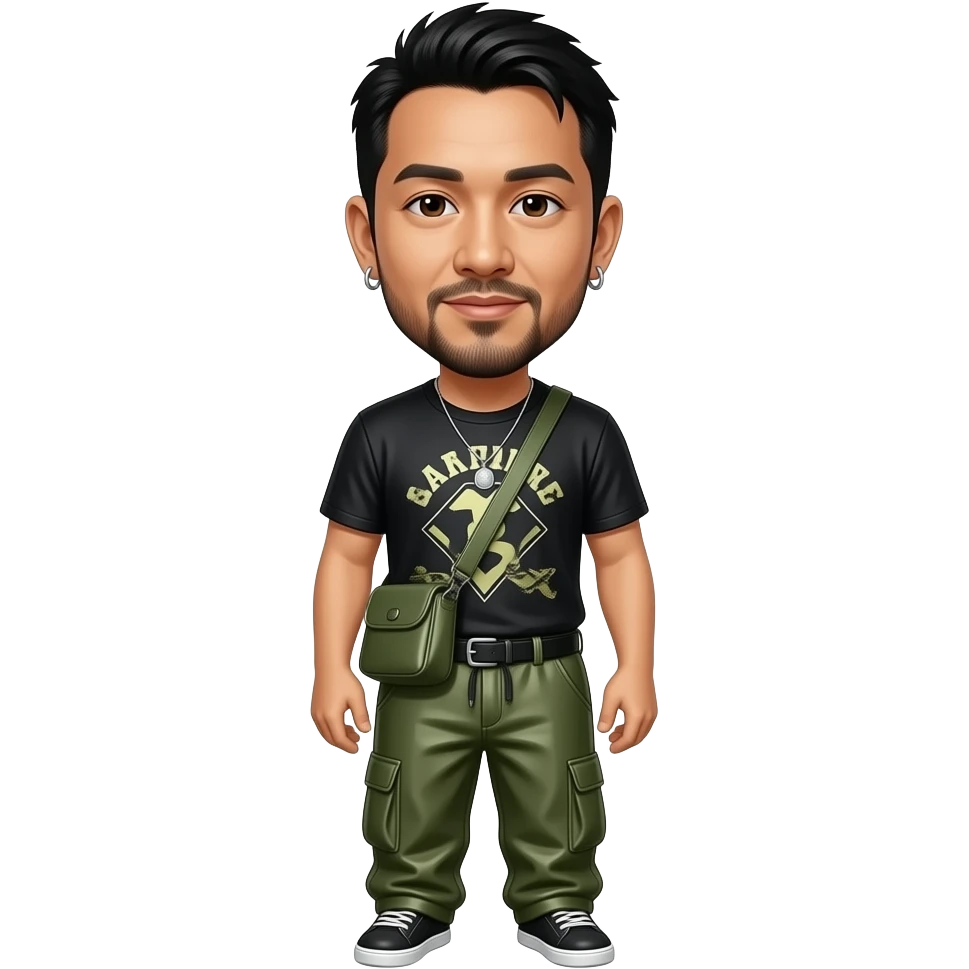 Mike Shinoda with brown eyes, black hair, black metallic T-shirt, olive green metallic baggy pants, necklace and earrings emoji
