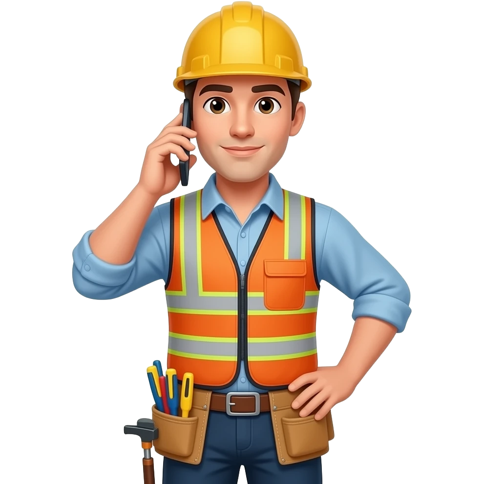 general contractor on a call holding their smartphone with a tool belt and no safety vest or helmet emoji