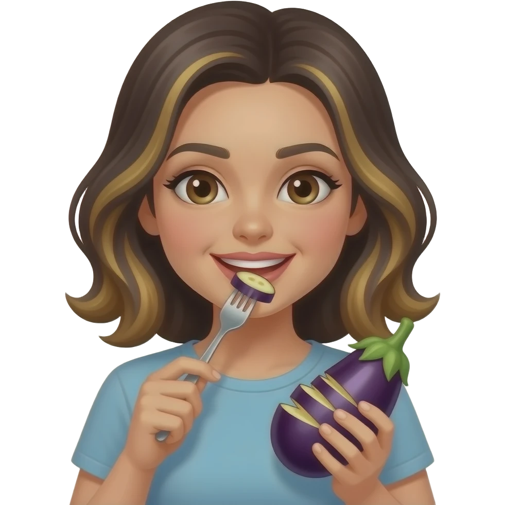 Woman with dark hair and highlights eating a eggplant emoji
