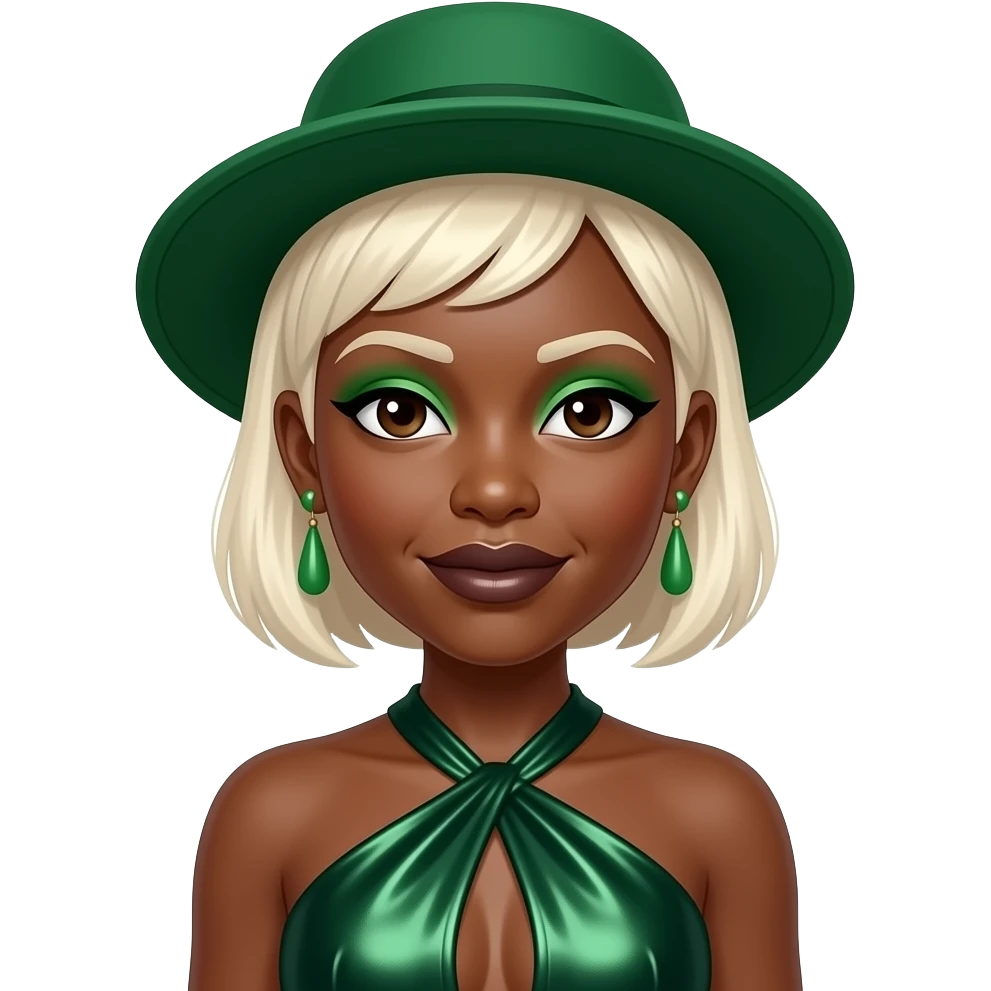 Cynthia Erivo with dark brown eyes, short platinum blonde hair, green hat, green eyeshadow, dark brown lipstick, dark green metallic halter dress, green earrings emoji