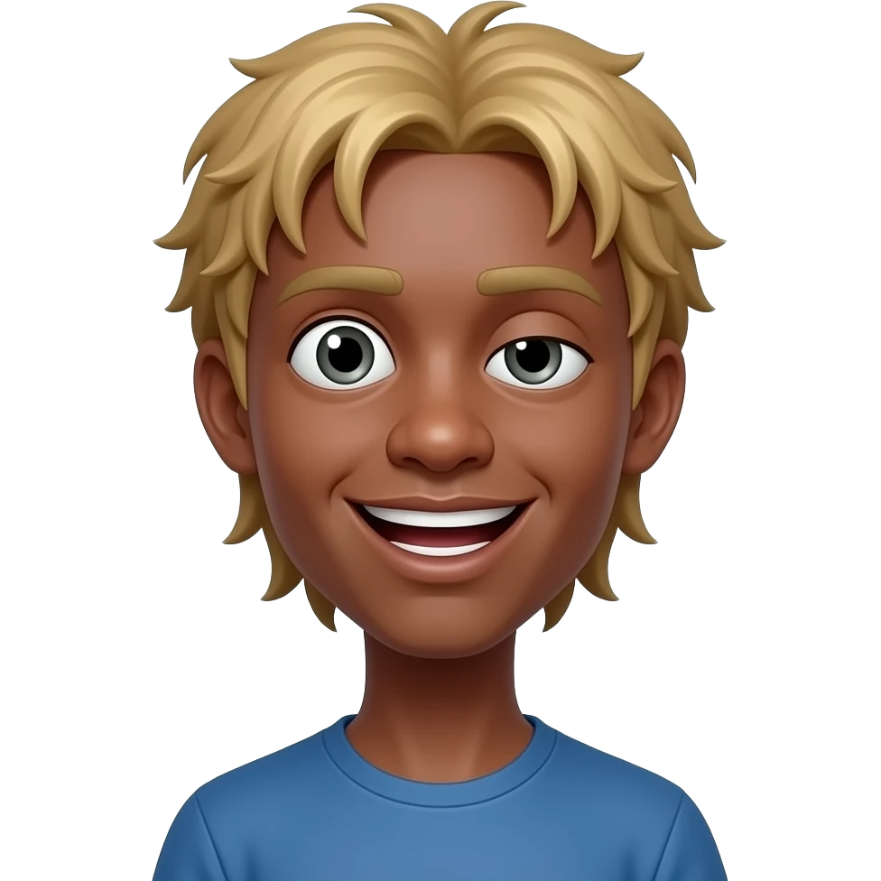 full body super long neck super skinny a black boy kid with meidonm long dirt blond hair and he has buck teeth and has a stupid exsprsion on he's face and one of his eyes are on top and one is o n the bottom of his sides on his face and he has a huge nose emoji