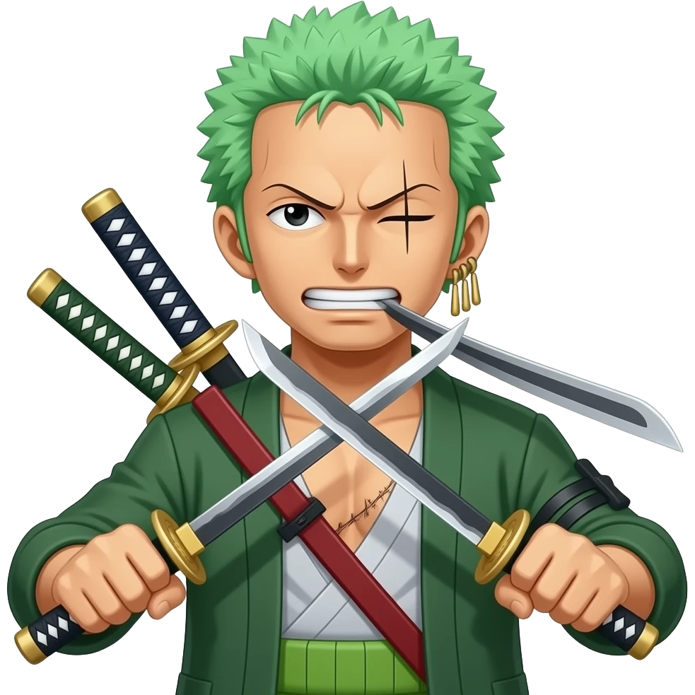 Zoro three katana 1 in mouth ,1 in left hand and 1 in right hand emoji