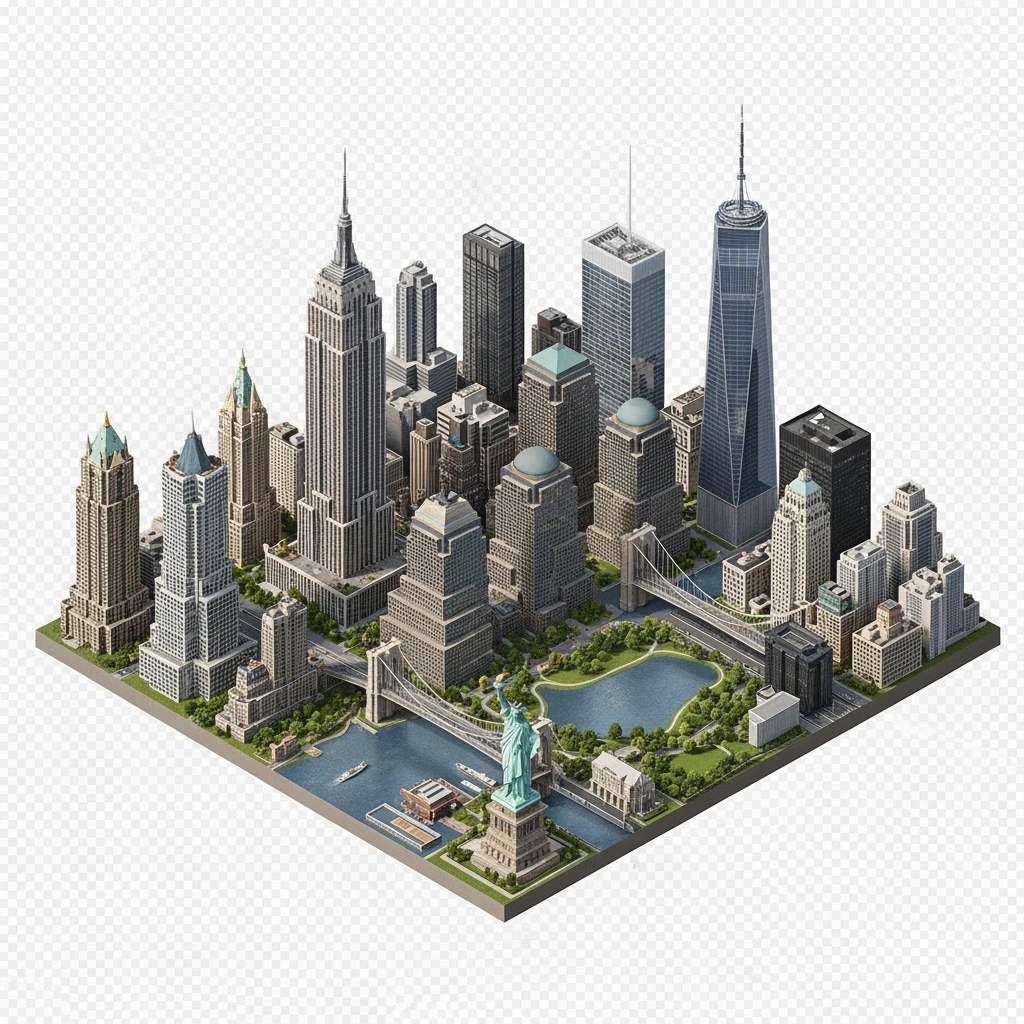 Isometric miniature of New York Сity Empire State Building, One World Trade Center, Statue of Liberty, Brooklyn Bridge, and Central Park 3D miniature effect and Tilt Shift effect, no cartoonish look, transparent background. emoji