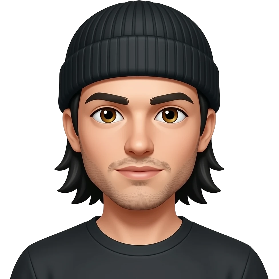 Thin face, Skinny physique, black thick eyebrows, straight shoulder length long black hair man, hazel eyes, 5 oclock shadow with beanie skateboarder emoji