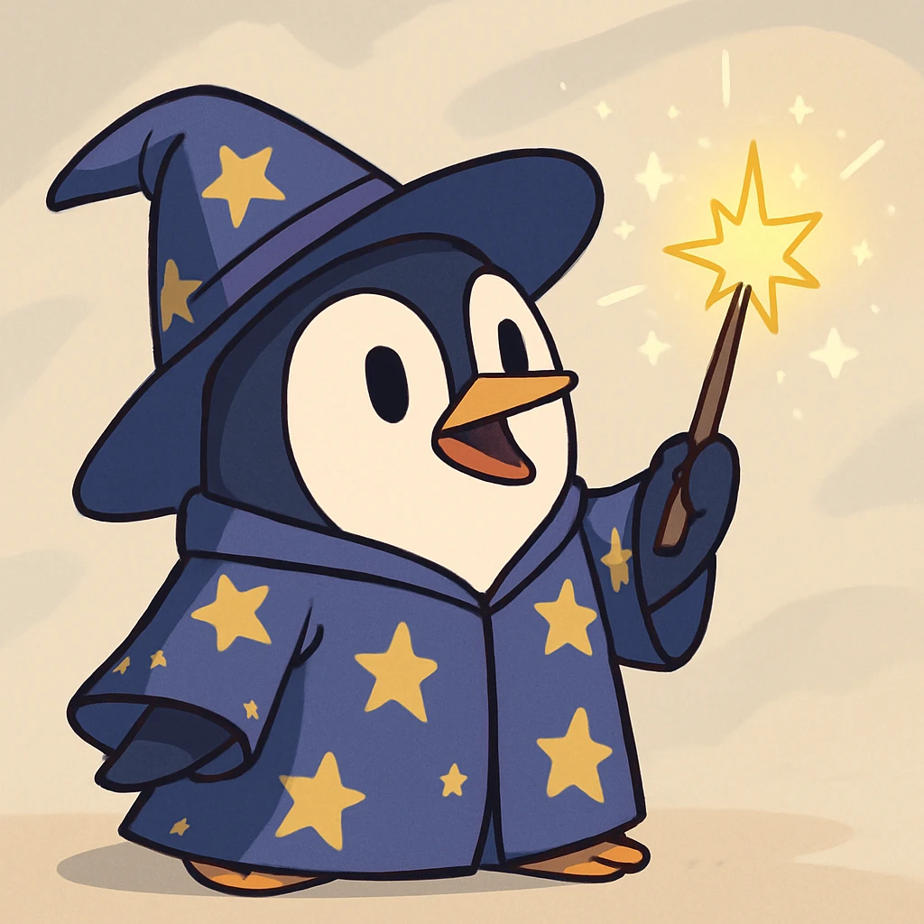 a cute penguin wizard with a starry robe and a wand, casting a spell, in a cartoon style emoji
