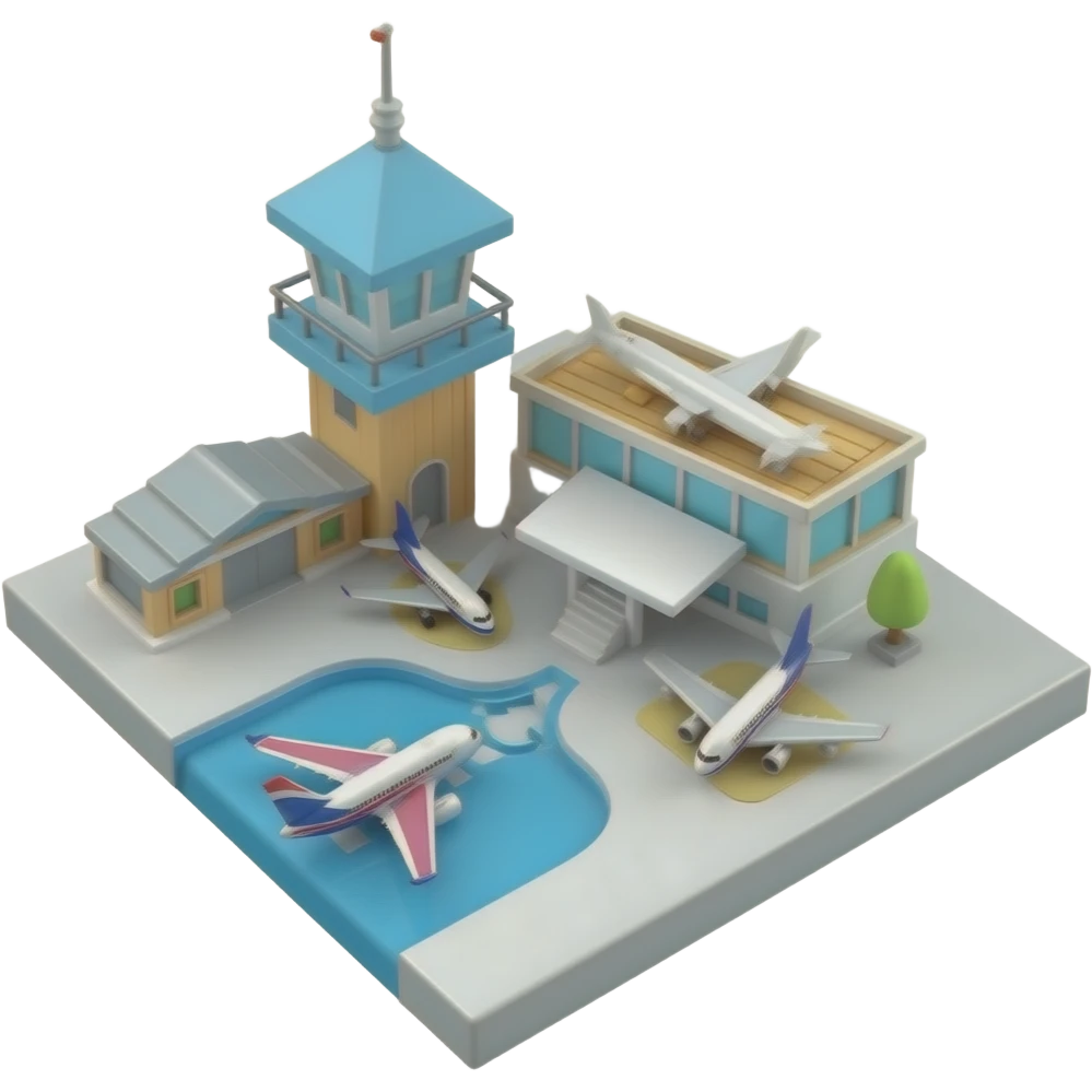 tiny 3D airport with planes and little wooden ATC tower with no background emoji