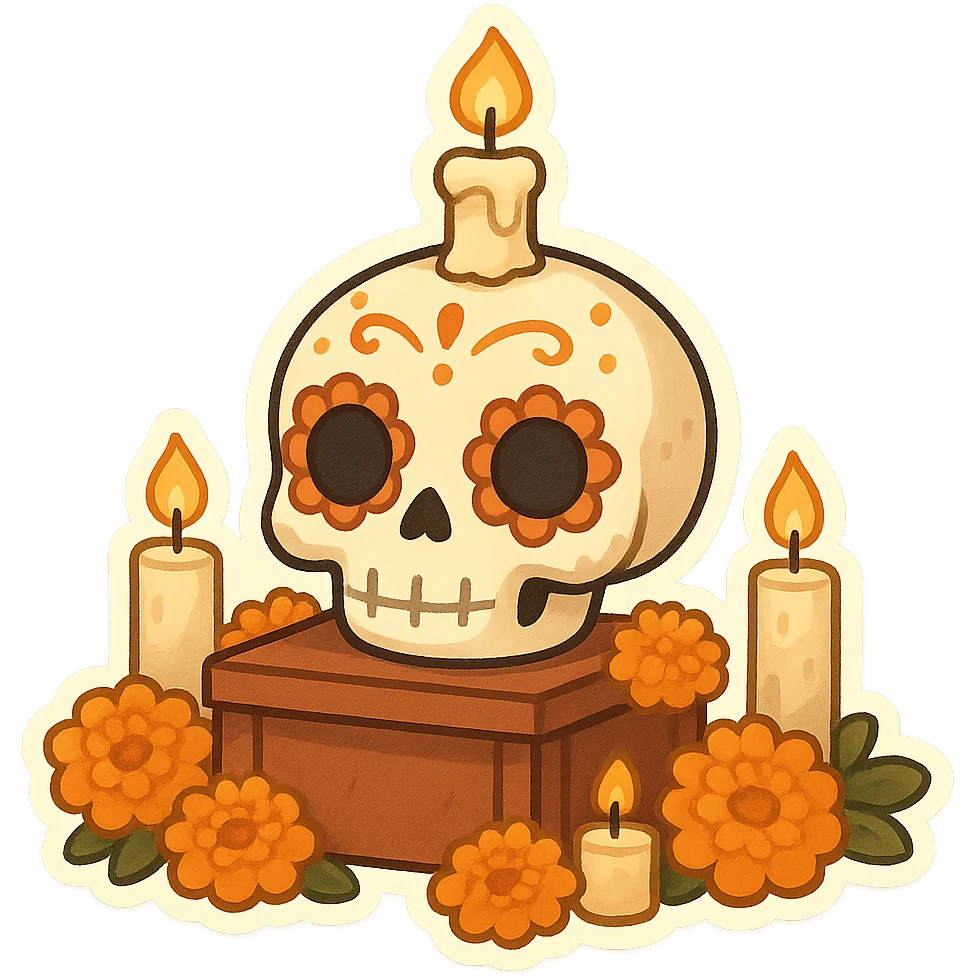 一个亡灵节的台子，台子周围是一些万寿菊和蜡烛，台子上面是一个带有亡灵节妆容的骷髅头，头顶上有一个蜡烛 emoji