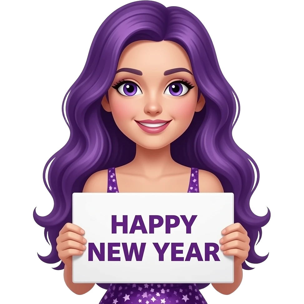 sexy girl with long purple hair and purple eyes wearing a new years dress holding a HAPPY NEW YEAR sign emoji
