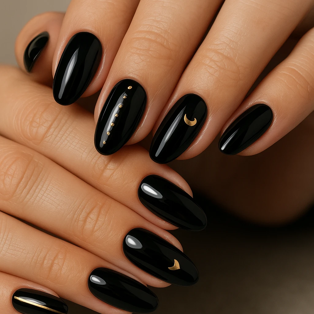 black nails with gold accents emoji