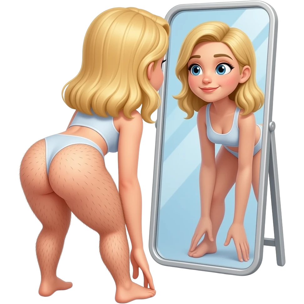 Thick legs blonde female spreading open  butt cheeks and observing looking back  hairy butthole wide open looking at it in mirror awaiting over mirror on ground touching toes emoji