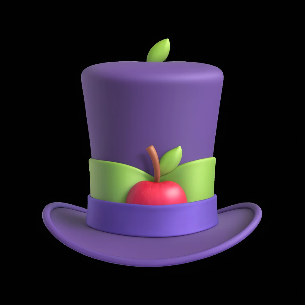 tall vintage-style purple top hat with smooth slightly glossy surface, wide brim, colorful satin ribbon wrapped around base, whimsical and elegant, inspired by Willy Wonka's iconic headwear, apple-style cartoon finish, soft shadows, clean white background emoji