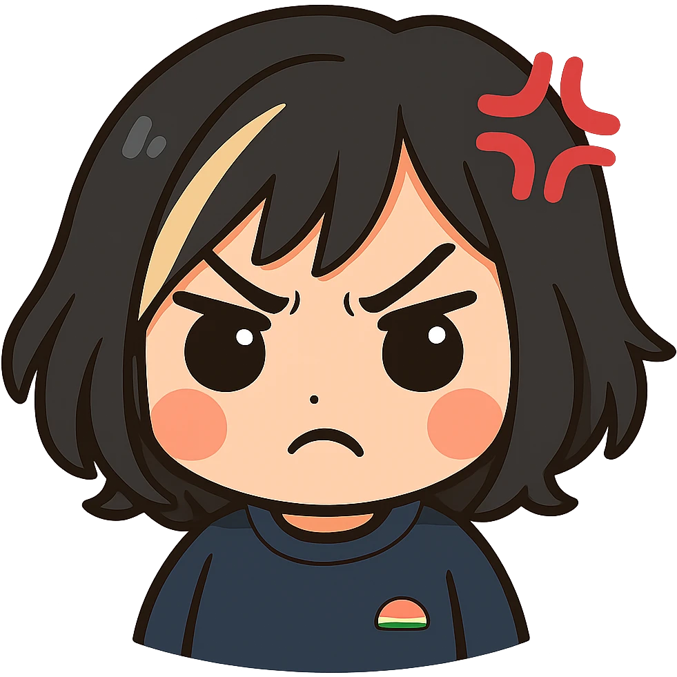 Edit this exact chibi girl to look angry with her mouth closed, keeping the same anime chibi style, face, hair, and outfit. Add furrowed brows, a frown, a little anger mark on her forehead, and a closed mouth. Maintain transparent background, sized for Twitch emoji use. emoji