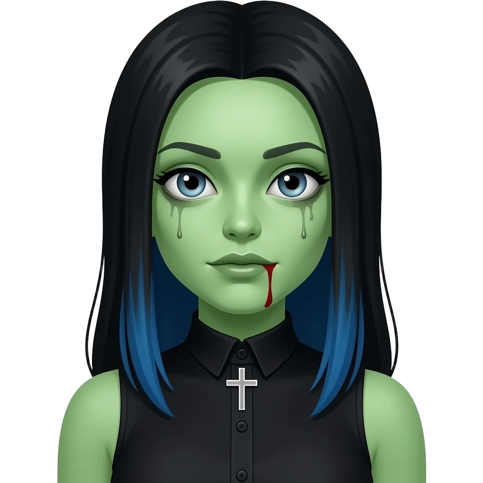 Faz uma mulher de cabelos longos pretos com mecha azul, com a pele verde estilo zumbi e um colar de uma cruz, e uma blusa de alcinha preta olhos grandes, derretendo sangue emoji