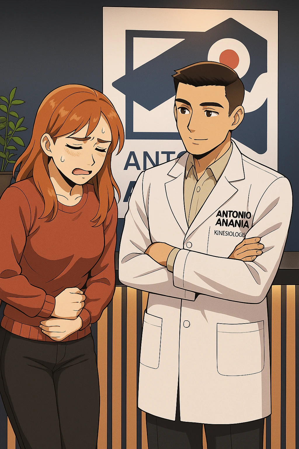 su questo stile fai un manga/webtoon a colori in cui una donna si lamenta che sta male e ha mal di pancia, l'uomo della foto in stile manga gli risponde, mantieni un ambiente simile alla foto che ho allegato con il suo logo (sarebbe il suo studio, lui è un kinesiologo), scrivigli "ANTONIO ANANIA" sul camice bianco, non mettere fumetti, ma fai in modo che sembri che la donna chiede una cosa e l'uomo risponde alla sua domanda emoji