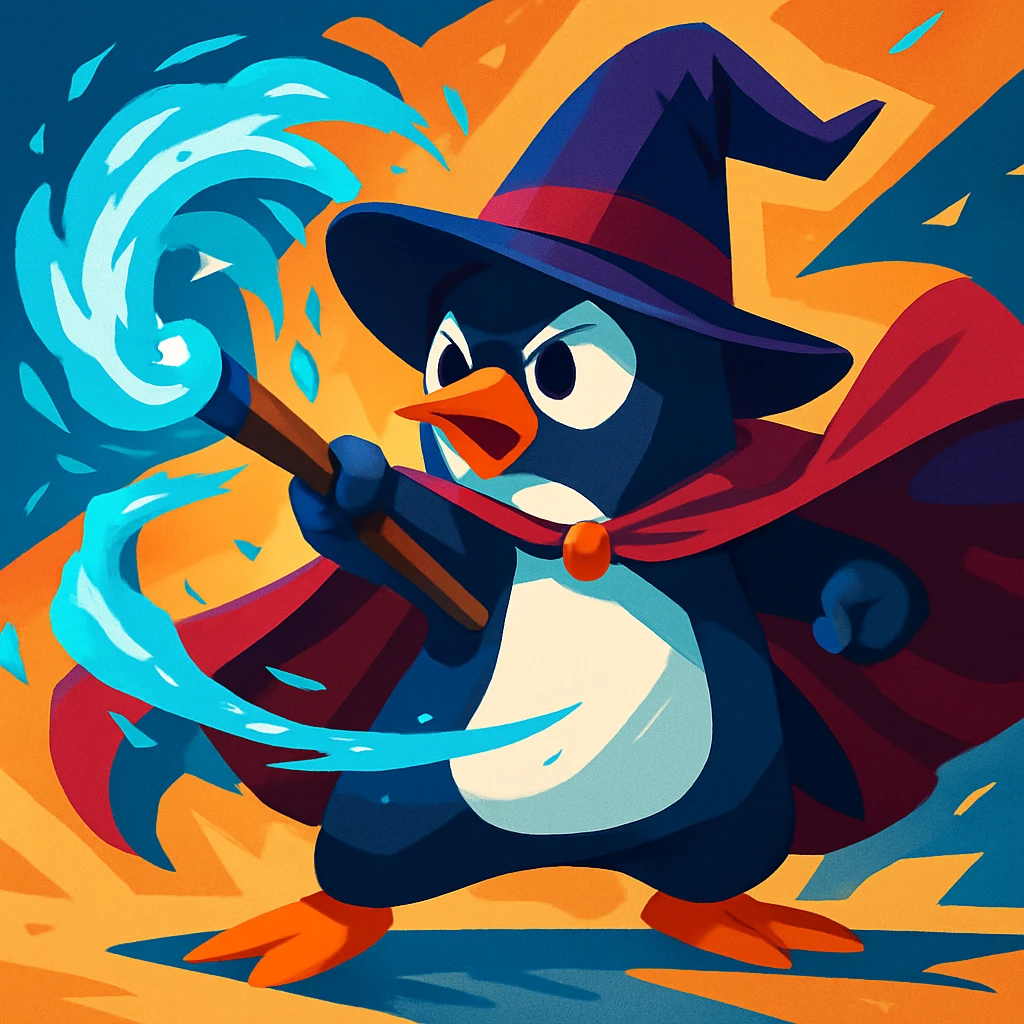 a heroic penguin wizard with a flowing cape, icy blue magic swirling around, in a dynamic, action-packed style emoji
