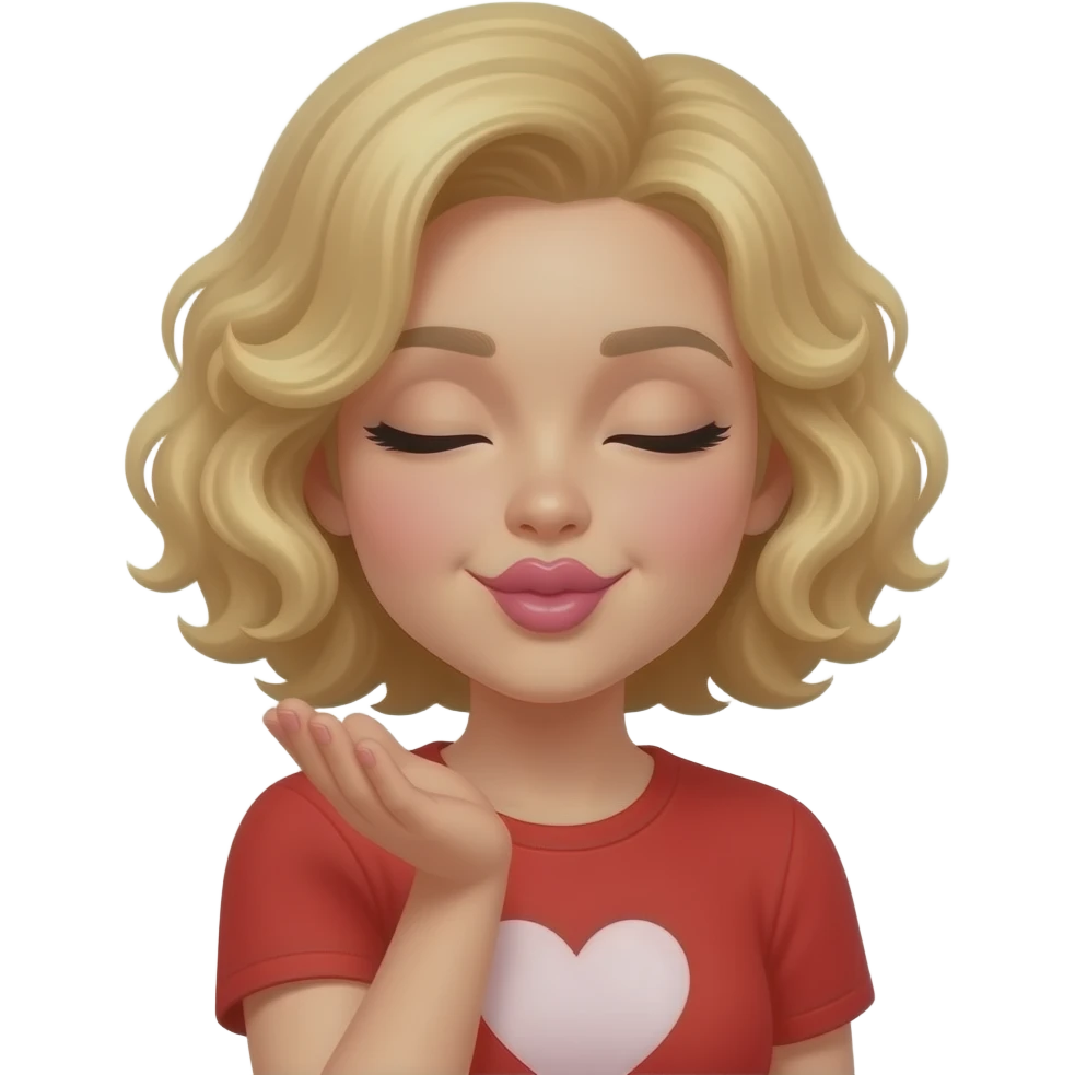 blonde curly bob blowing kisses in red with a red heart in red shirt emoji