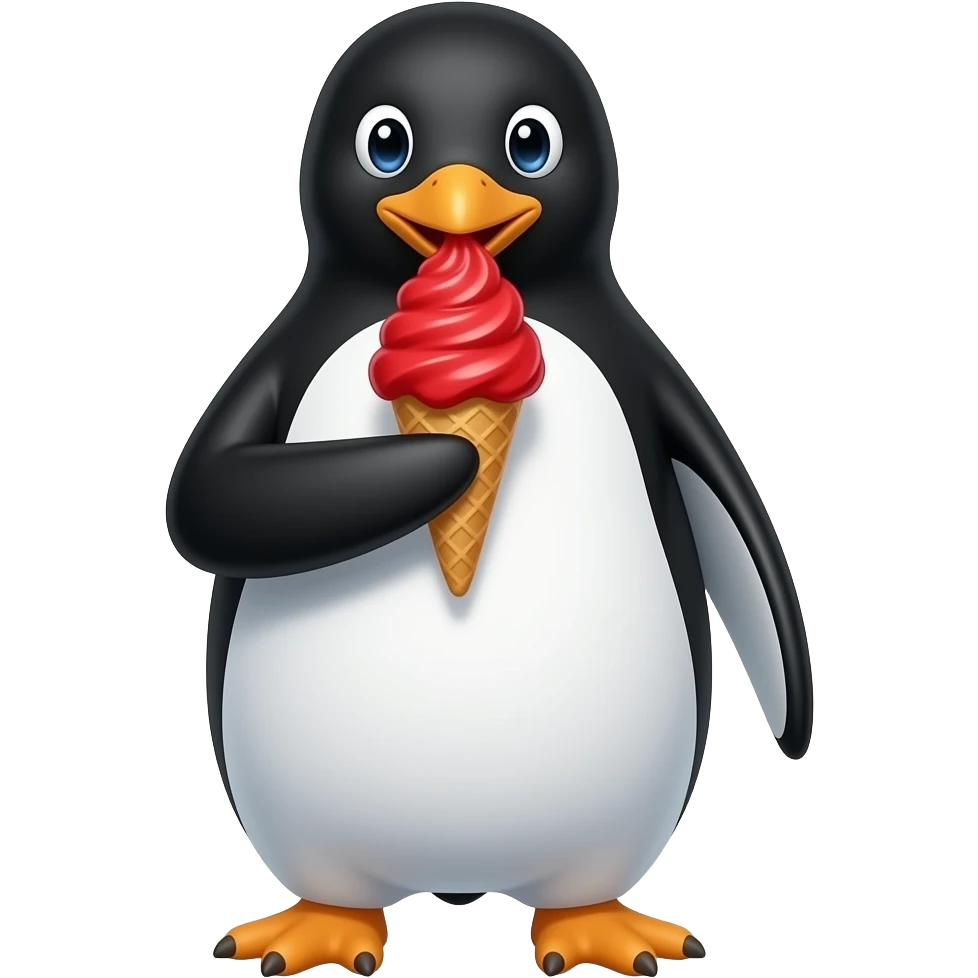 penguin front view with half body close up eating vibrant red scope of ice cream front view emoji