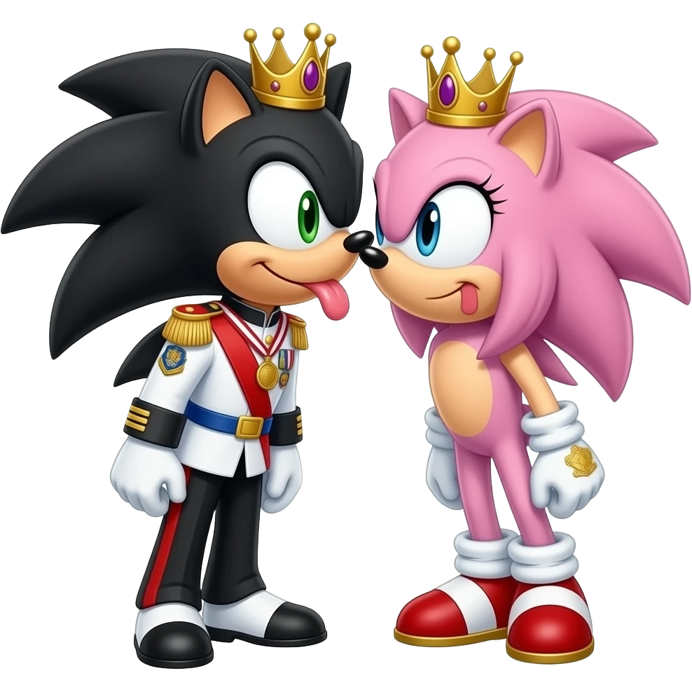 Rouge the bat and vanilla the rabbit from sonic x are same wearing gold tiara white military tunic arm badge shoulder cord medal red sash blue belt black trouser with both side red stripe white shoes and they both kiss with tongue of little brat emoji