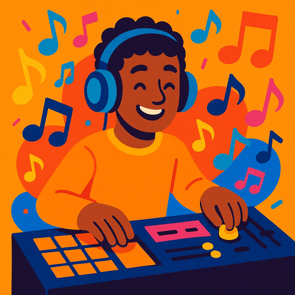 modern music producer wearing headphones surrounded by vibrant colorful music notes emoji
