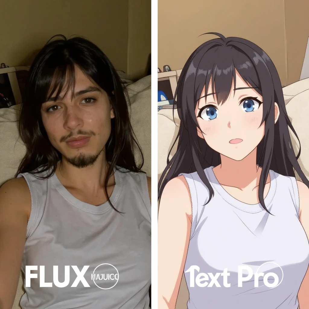 create before after image of a girl before is realsitic photo, after is anime version of her in same pose and clothes, add logo with text of a "FLUX Kontext Pro" emoji