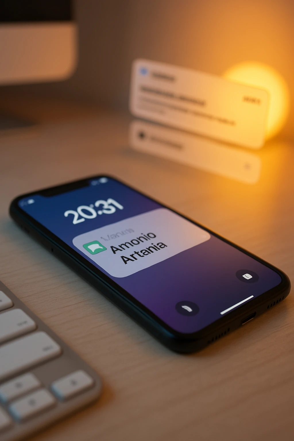 A photo of an iPhone with the message "Antonio Anania" on its screen, The phone sits atop a desk with a blurred background that suggests work environment. A faint glow from above casts gentle shadows across the surface of each object, creating depth and highlighting their textures. emoji