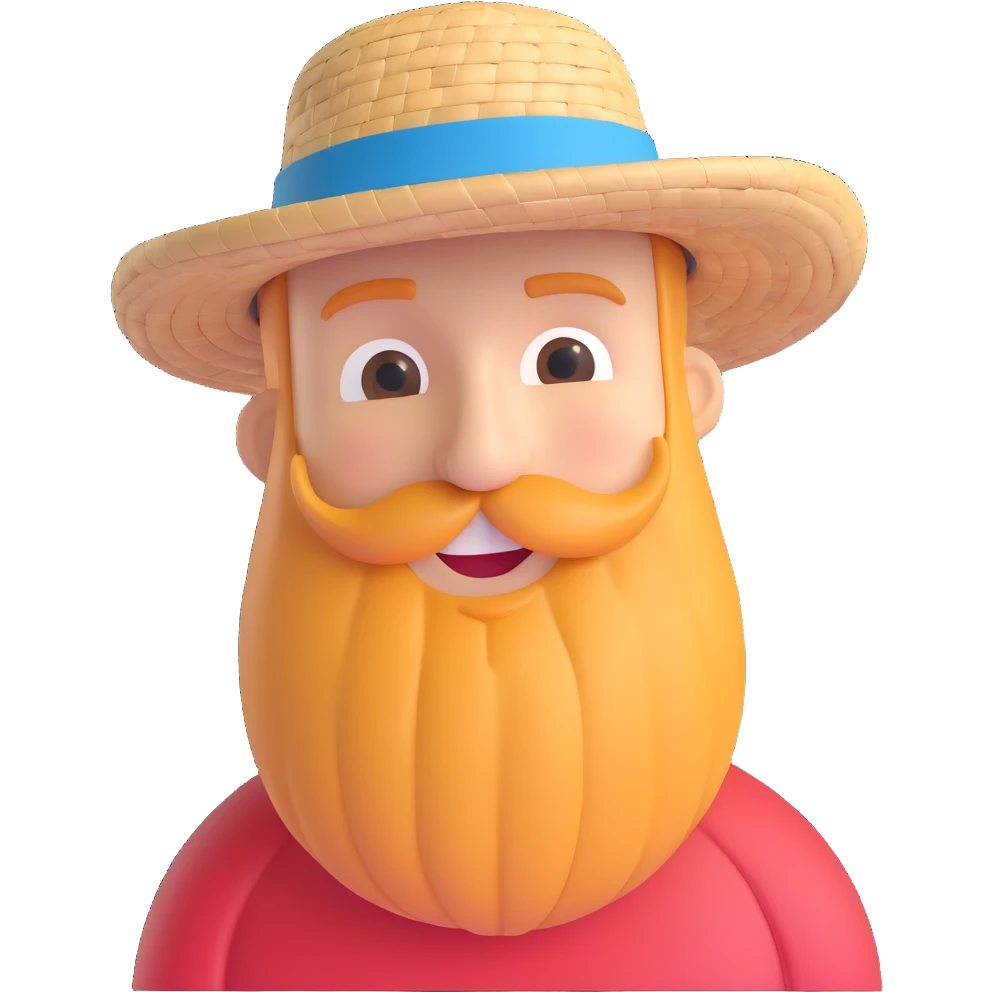 cheerful bearded man wearing a straw hat, traveling, simple background emoji