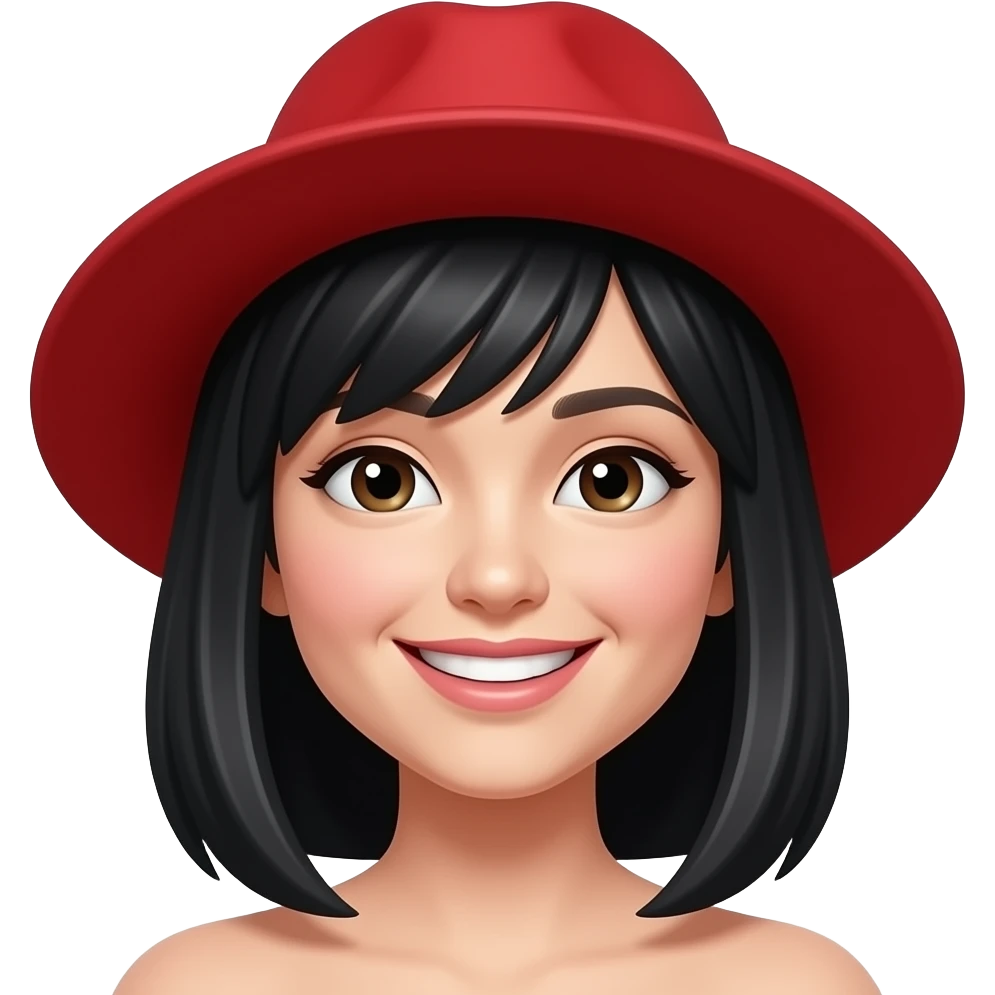 red hat, black hair, smiling woman emoji