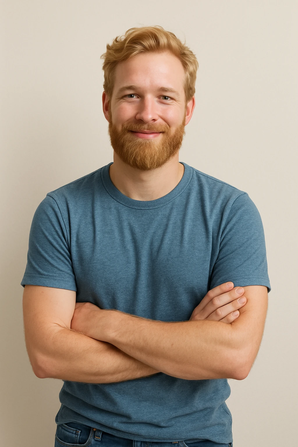 bearded blonde male, casual style, friendly look, minimal background emoji