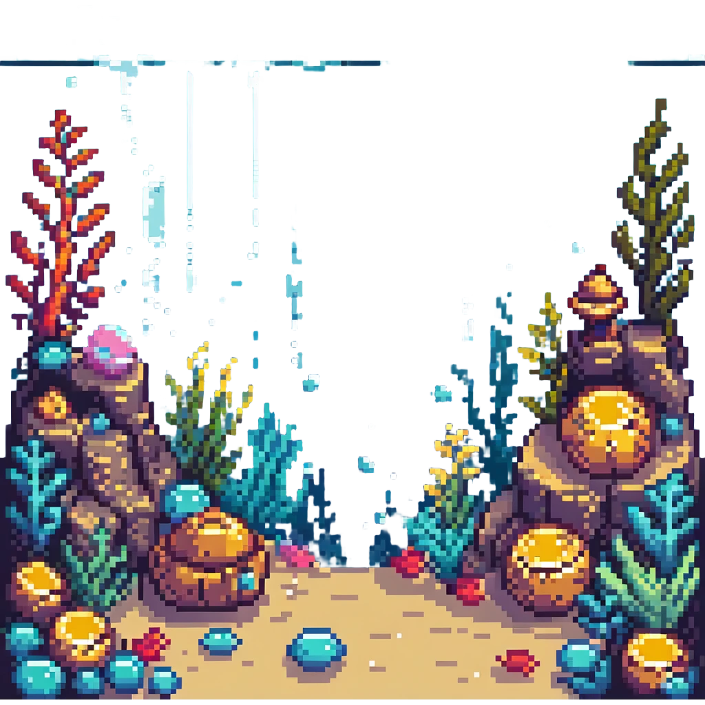 underwater level with bubbles, seaweed, and treasure in pixel art style emoji