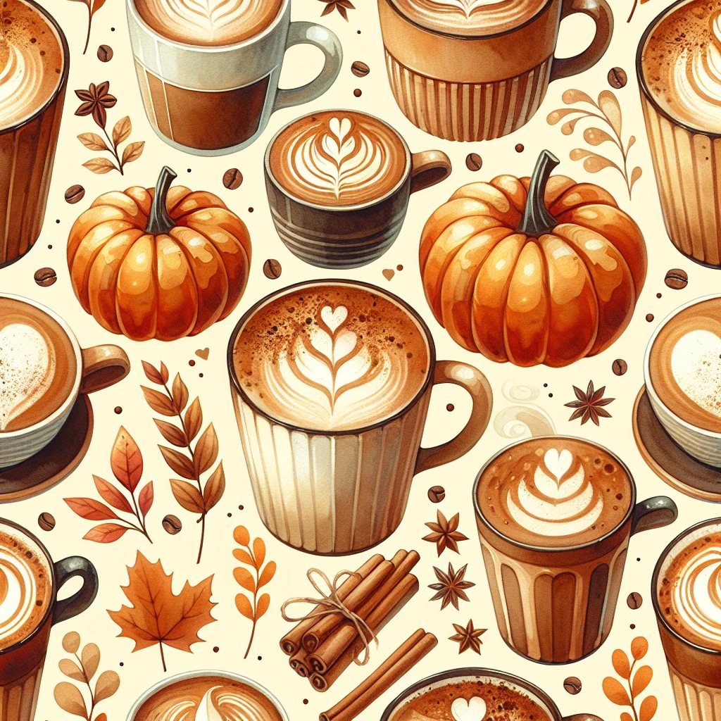 coffee latte art seamless background, pumpkin spice latte, creamy brown and orange tones, cozy autumn café vibe, watercolor effect emoji