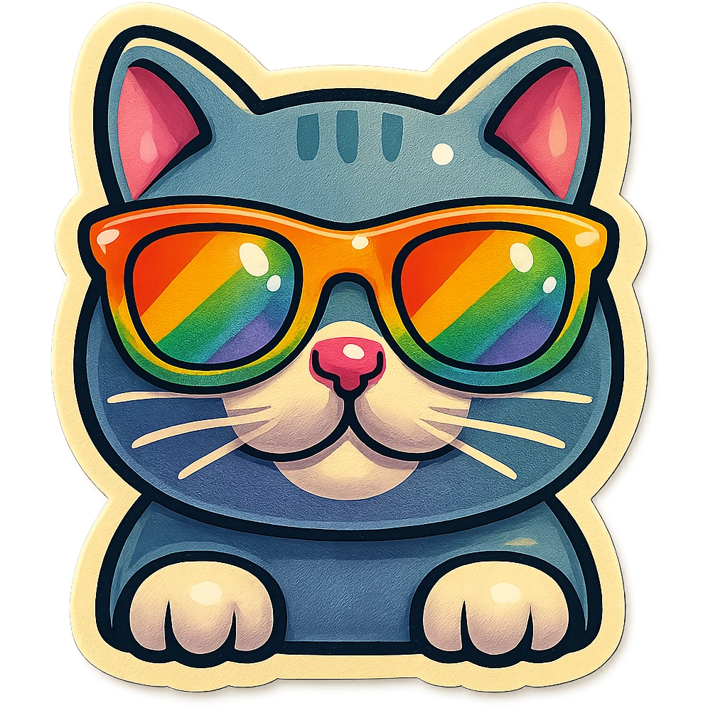 Make the sunglasses rainbow colored, keep the cat and style the same, with no background. emoji