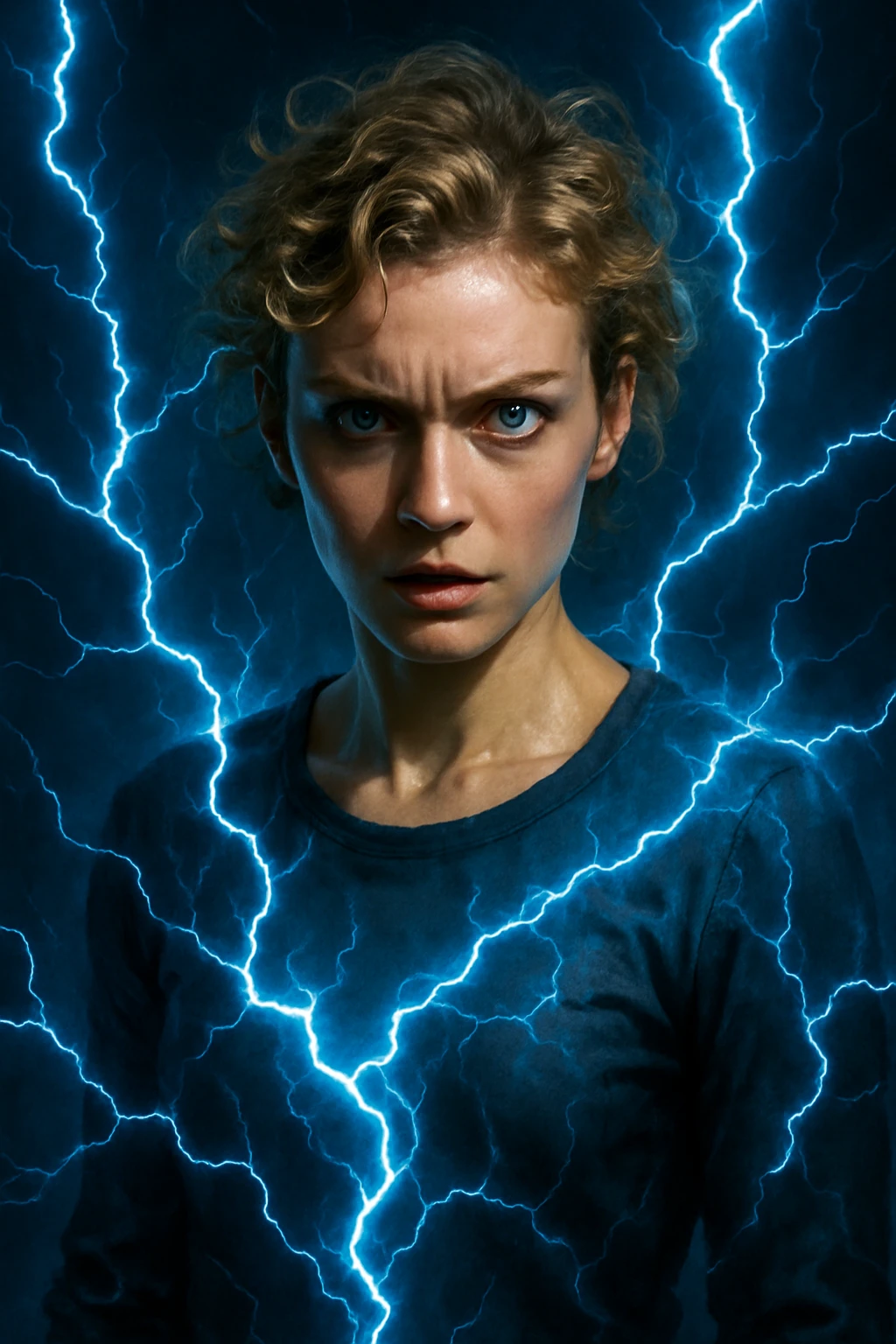 a woman with short curly blonde hair, blue eyes, surrounded by blue lightning, intense expression emoji