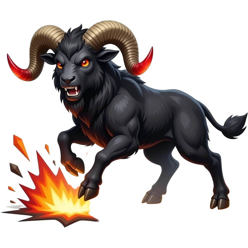 A ram-like beast with obsidian horns heated red at the tips. It charges with explosive force and can ignite the ground on impact. emoji