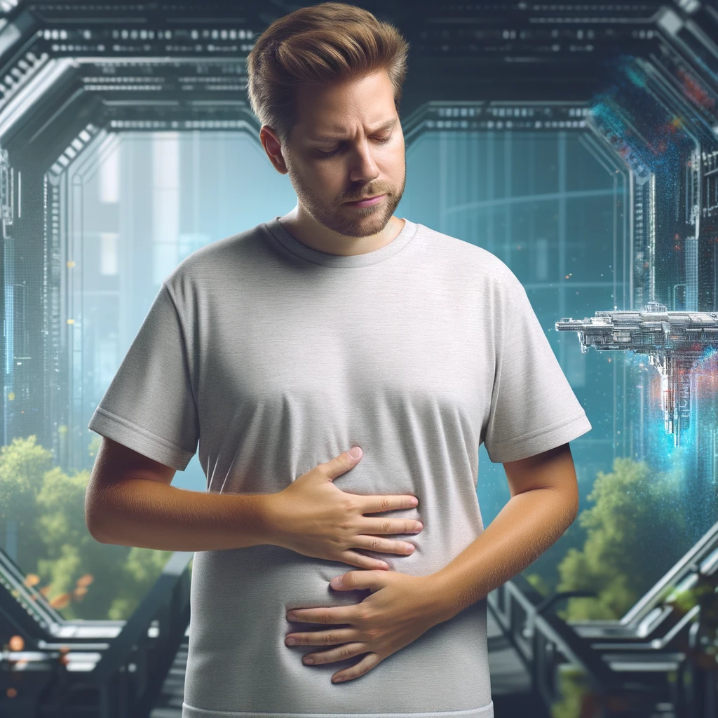 UOMO IN PALESTRA LEGGERMENTE SOVRAPPESO, SI TOCCA LA PANCIA CON ESPRESSIONE DISPIACIUTA IN VOLTO, iperrealistico 4k emoji