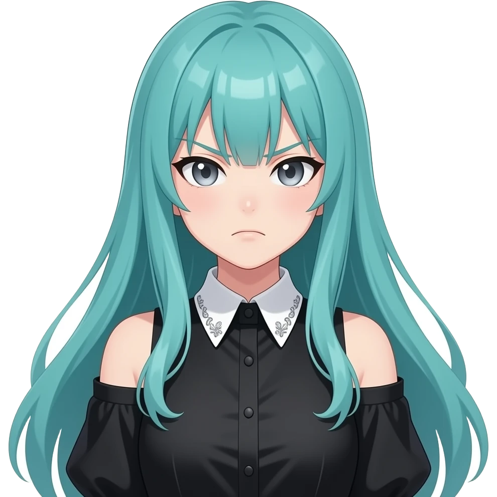 anime girl,angry,  long flowing teal hair, grey eyes, black shoulder cyberpunk blouse with fancy white collar emoji