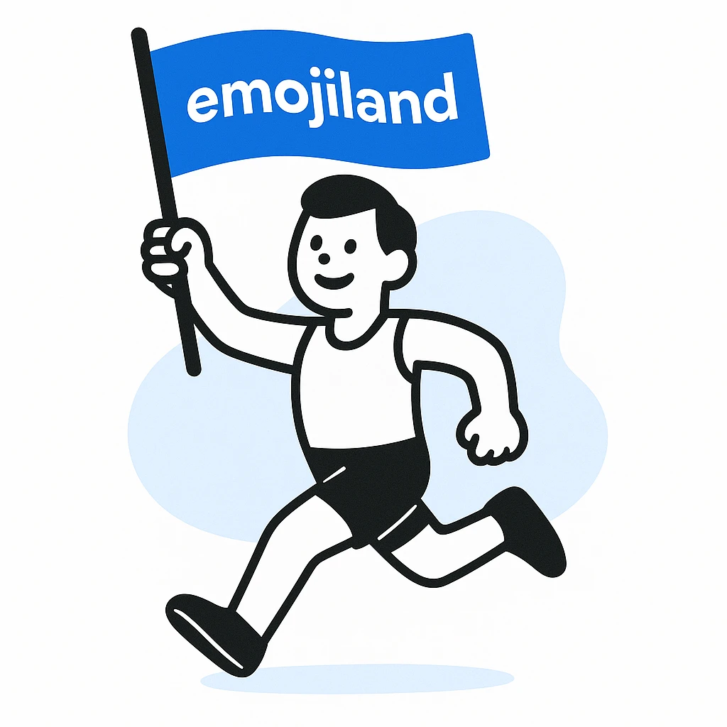 happy runner waving a flag that says 'emojiland' emoji