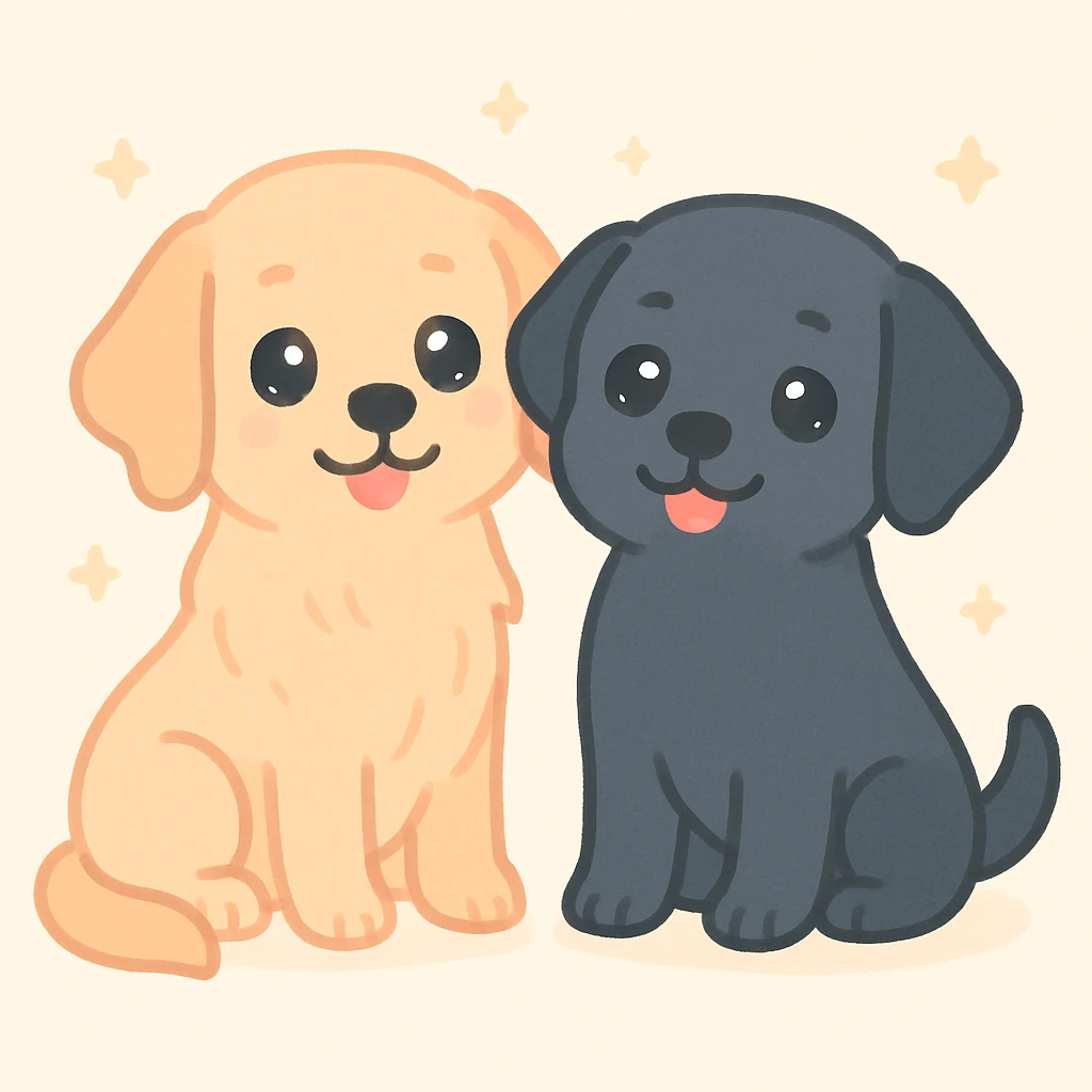 two animated dogs together, a golden retriever and a black labrador, warm illustration style emoji