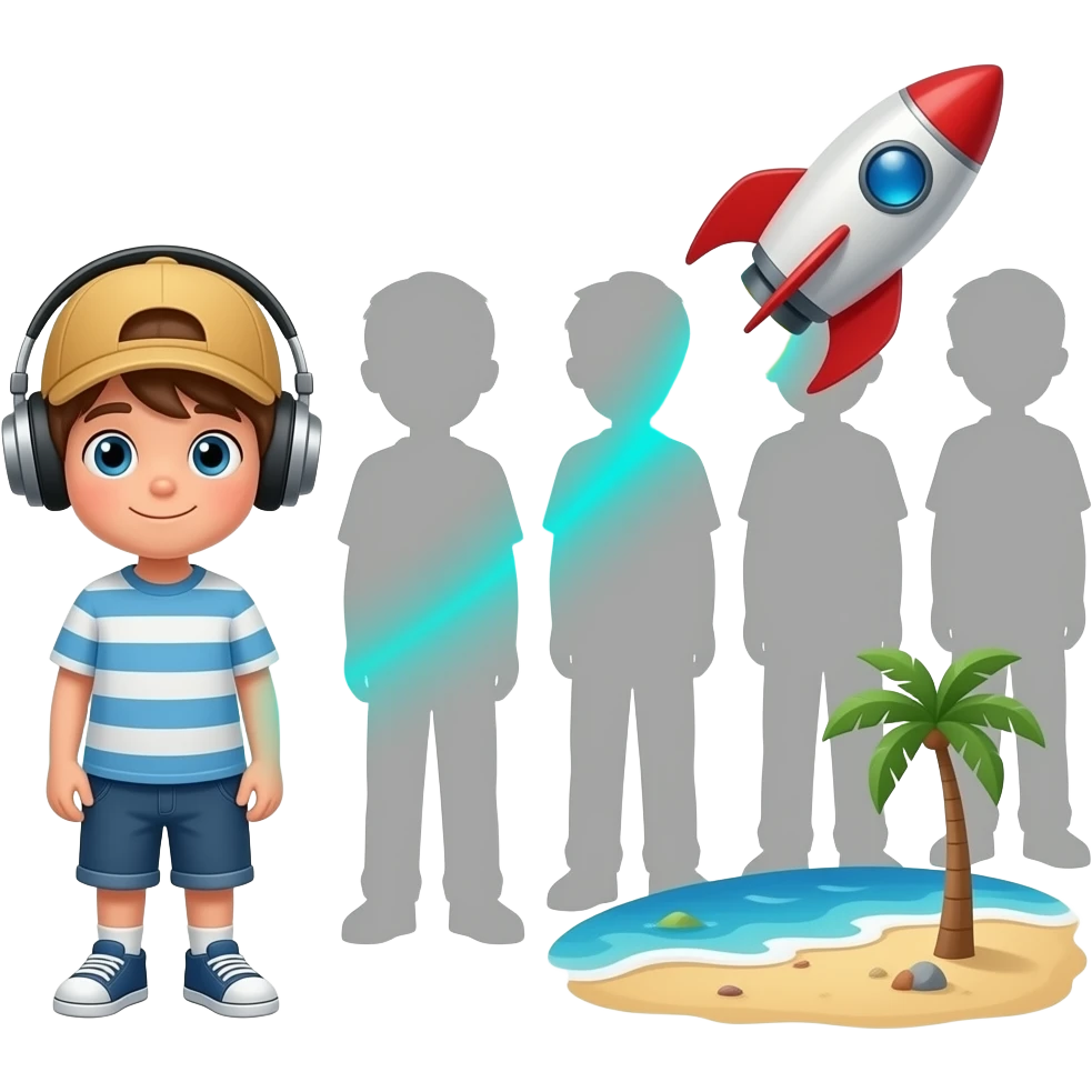 Emoji vectorial animado minimalista: Chamo aburrido (gorra atrás, audífonos) en cola interminable gris 'EL PASADO'. Ve luz turquesa, se transforma en cohete, vuela dejando estela 'LIBERTAD', aterriza en playa 'Tierra de Gracia' haciendo OK. Loop seamless." emoji