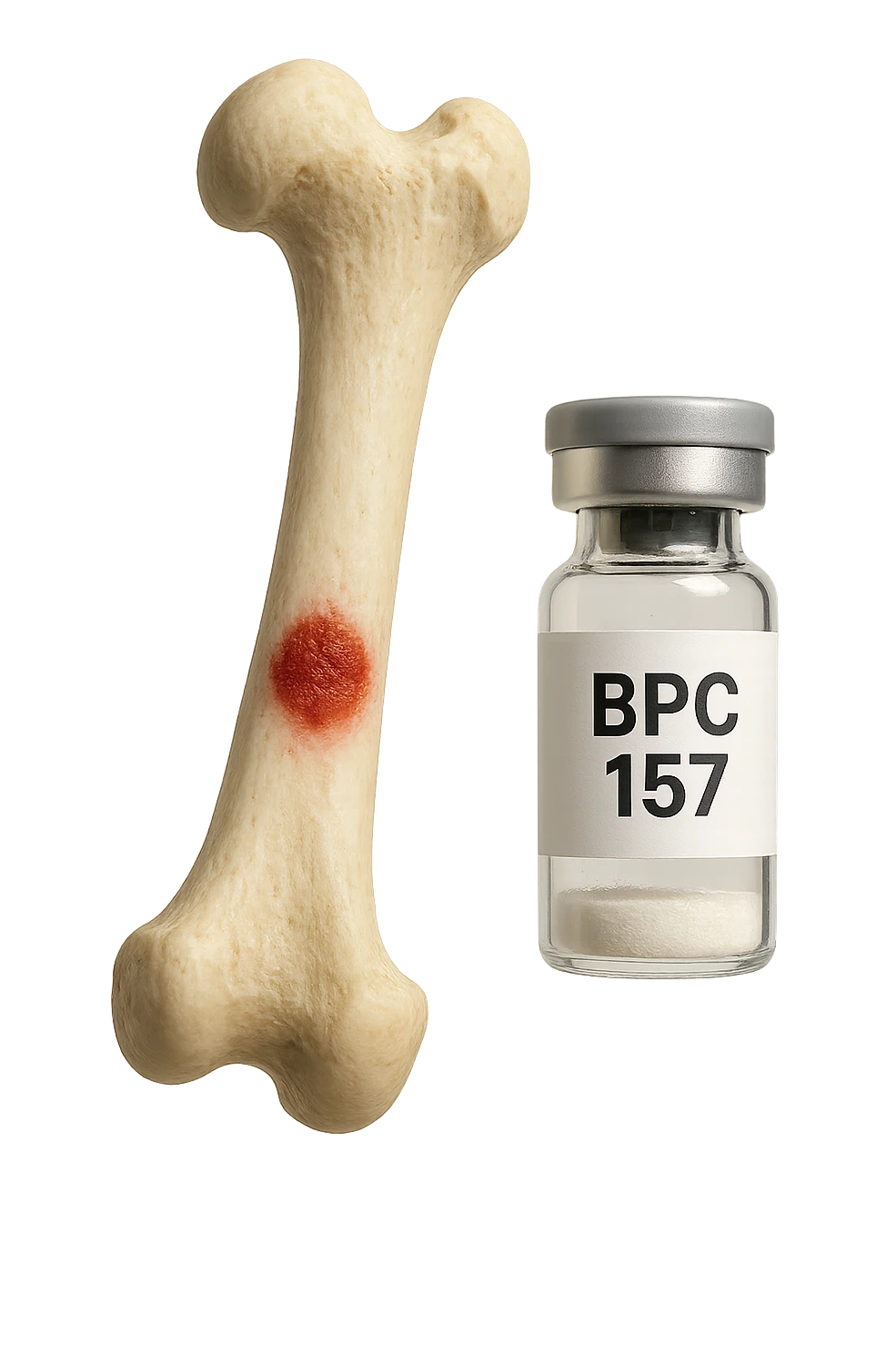 osso umano con red spot fluttua insiema a fiala medica con la scritta "BPC 157" SULL'ETICHETTA, iperrealistiche 4k emoji