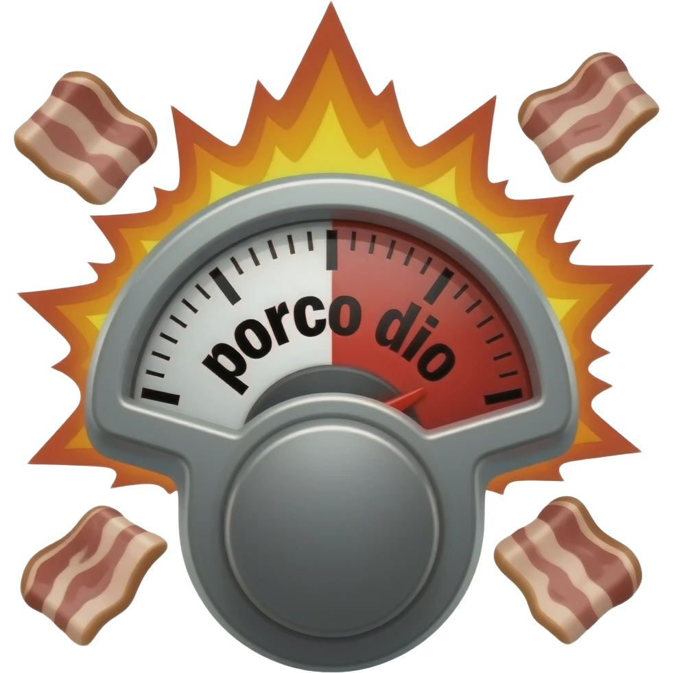 text large font size "porco dio", on a meter, no values, only white to red display, meter to the max red, explosion, fire, bacon emoji
