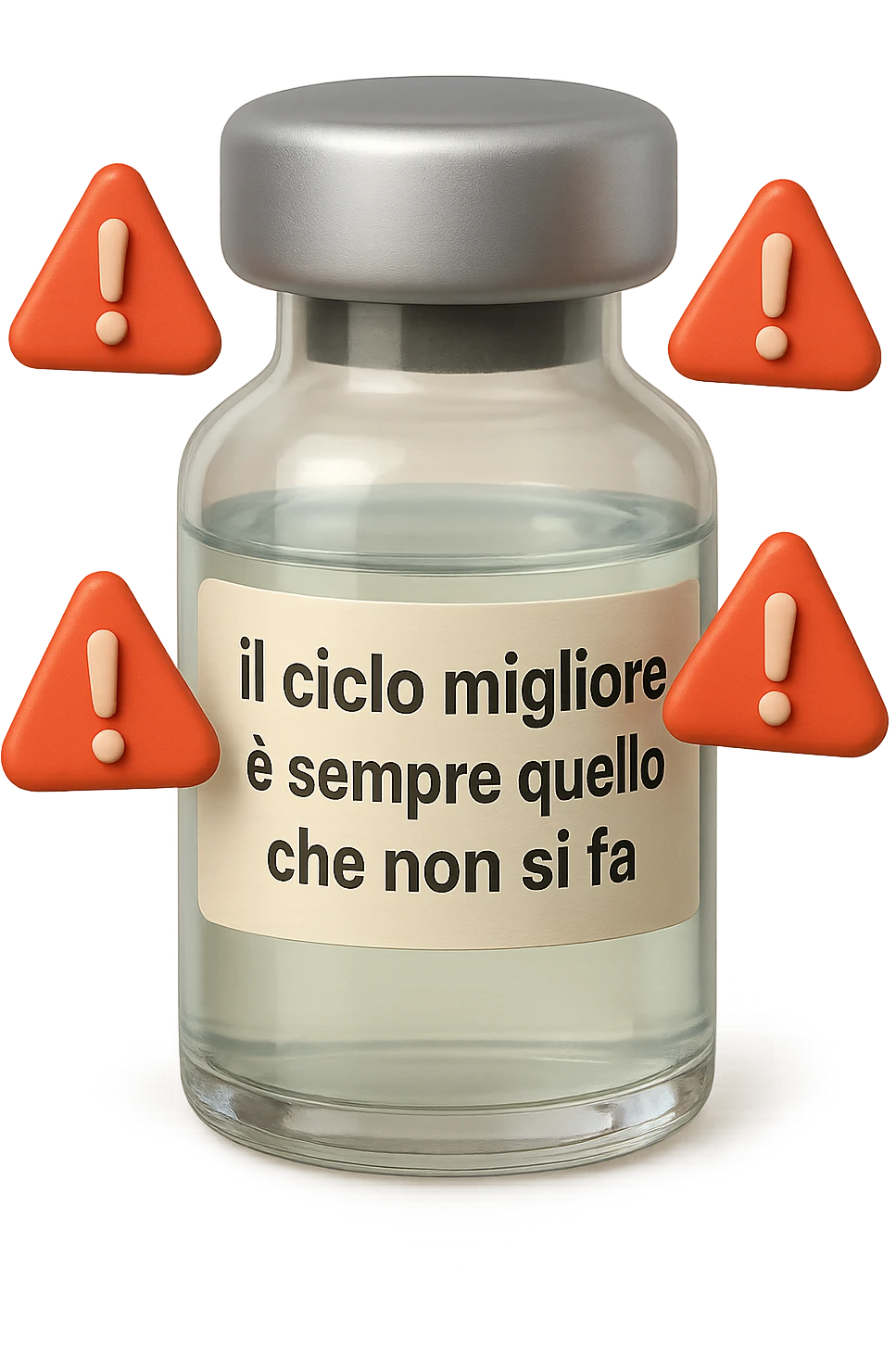 SU QUESTO STILE FAI UN EMOJI STILE IPHONE 3D DI UNa boccetta di fiala medica attorno alla quale fluttuano segnali di pericolo, sull'etichetta della boccetta c'è scritto "il ciclo migliore è sempre quello che non si fa", FALLO MOLTO REALISTICO IN 3D emoji