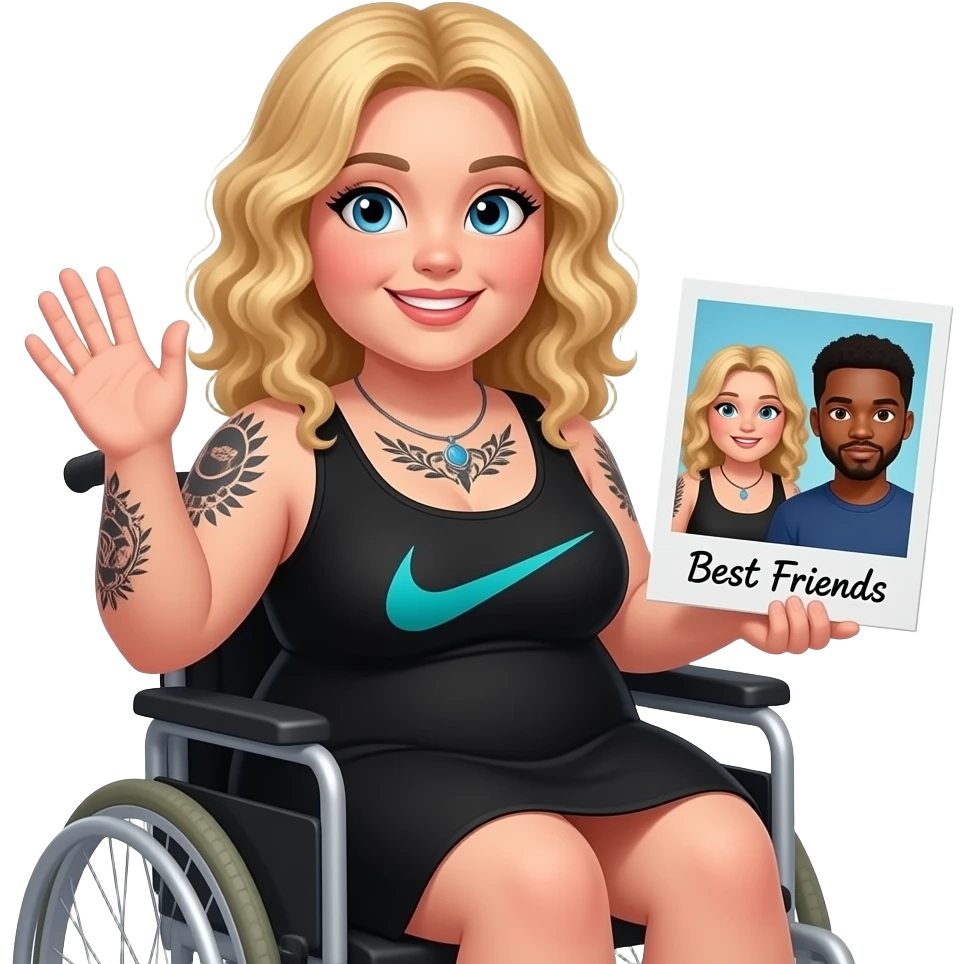 Plus size women waving in wheelchair Blonde curly hair blue eyes black tattoos a black summer dress Nike with logo in teal and holding a Polaroid photo of herself having fun with  African American man black hair brown eyes no facial hair saying “Best Friends” in cursive writing emoji
