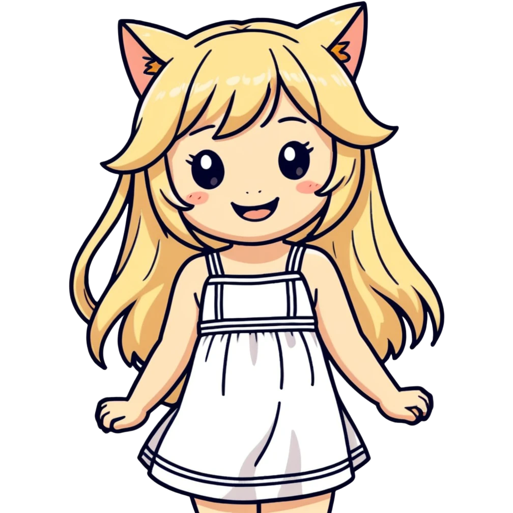 petite blonde catgirl long hair freckles giggling white sundress traditional art influence emoji