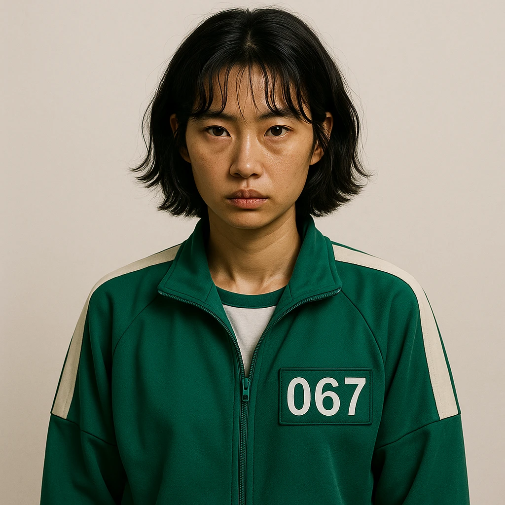 Squid Game woman character wearing iconic green tracksuit, short hair, serious expression, simple background emoji